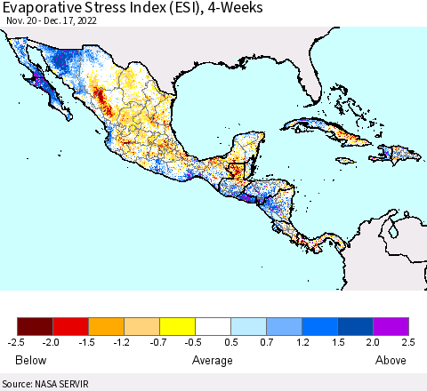 Mexico Central America and the Caribbean Evaporative Stress Index (ESI), 4-Weeks Thematic Map For 12/12/2022 - 12/18/2022
