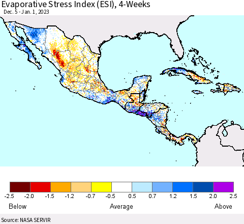 Mexico Central America and the Caribbean Evaporative Stress Index (ESI), 4-Weeks Thematic Map For 12/26/2022 - 1/1/2023