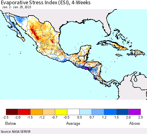 Mexico Central America and the Caribbean Evaporative Stress Index (ESI), 4-Weeks Thematic Map For 1/23/2023 - 1/29/2023