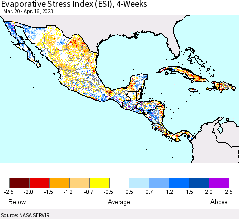 Mexico Central America and the Caribbean Evaporative Stress Index (ESI), 4-Weeks Thematic Map For 4/10/2023 - 4/16/2023