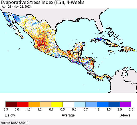Mexico Central America and the Caribbean Evaporative Stress Index (ESI), 4-Weeks Thematic Map For 5/15/2023 - 5/21/2023