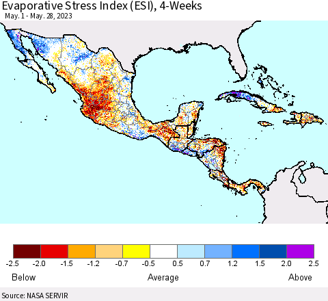 Mexico Central America and the Caribbean Evaporative Stress Index (ESI), 4-Weeks Thematic Map For 5/22/2023 - 5/28/2023