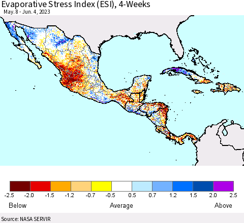 Mexico Central America and the Caribbean Evaporative Stress Index (ESI), 4-Weeks Thematic Map For 5/29/2023 - 6/4/2023