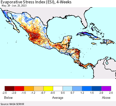 Mexico Central America and the Caribbean Evaporative Stress Index (ESI), 4-Weeks Thematic Map For 6/19/2023 - 6/25/2023