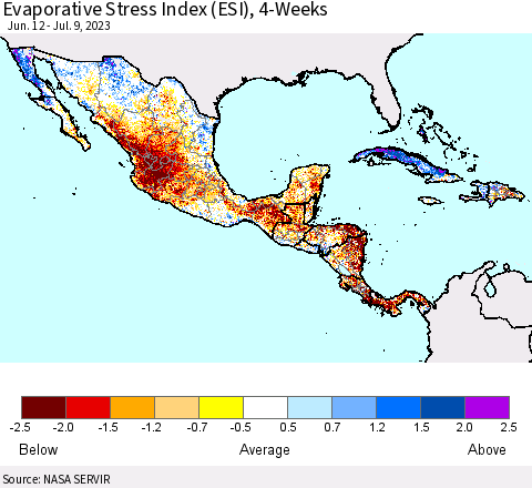 Mexico Central America and the Caribbean Evaporative Stress Index (ESI), 4-Weeks Thematic Map For 7/3/2023 - 7/9/2023