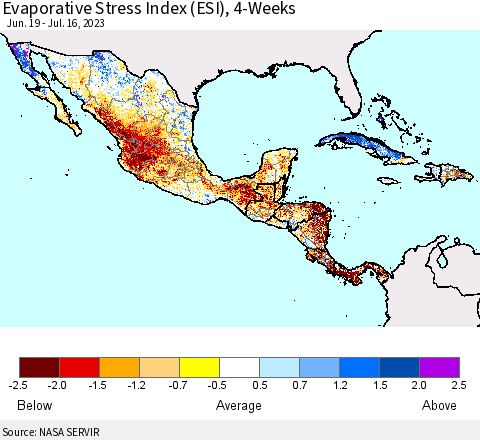 Mexico Central America and the Caribbean Evaporative Stress Index (ESI), 4-Weeks Thematic Map For 7/10/2023 - 7/16/2023