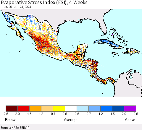 Mexico Central America and the Caribbean Evaporative Stress Index (ESI), 4-Weeks Thematic Map For 7/17/2023 - 7/23/2023