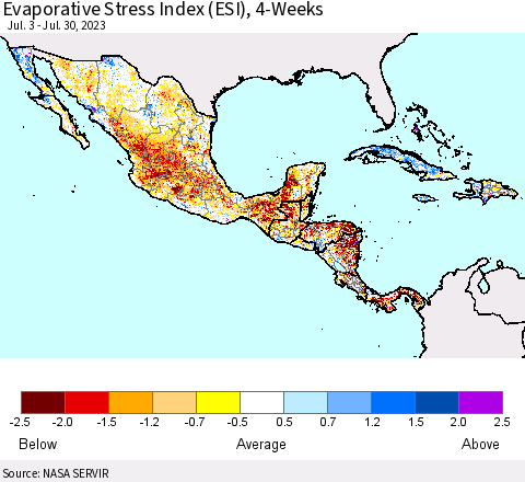 Mexico Central America and the Caribbean Evaporative Stress Index (ESI), 4-Weeks Thematic Map For 7/24/2023 - 7/30/2023