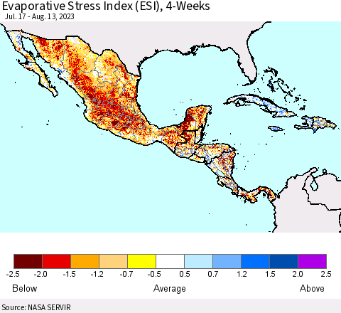 Mexico Central America and the Caribbean Evaporative Stress Index (ESI), 4-Weeks Thematic Map For 8/7/2023 - 8/13/2023