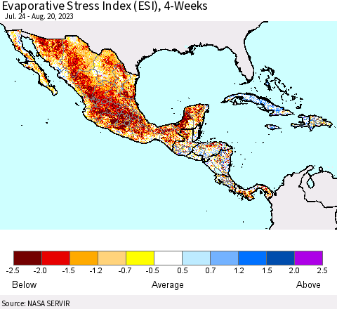 Mexico Central America and the Caribbean Evaporative Stress Index (ESI), 4-Weeks Thematic Map For 8/14/2023 - 8/20/2023
