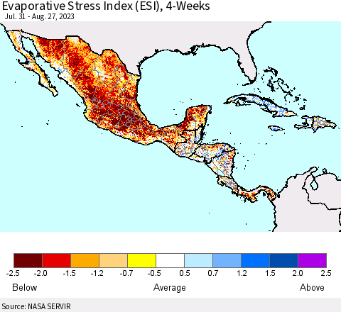 Mexico Central America and the Caribbean Evaporative Stress Index (ESI), 4-Weeks Thematic Map For 8/21/2023 - 8/27/2023