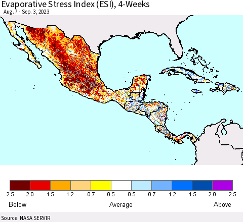 Mexico Central America and the Caribbean Evaporative Stress Index (ESI), 4-Weeks Thematic Map For 8/28/2023 - 9/3/2023