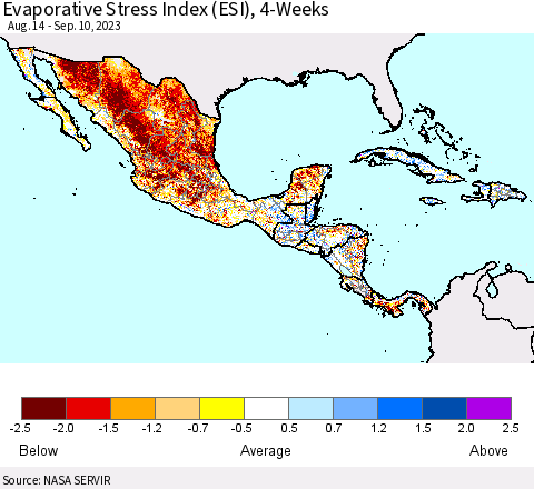 Mexico Central America and the Caribbean Evaporative Stress Index (ESI), 4-Weeks Thematic Map For 9/4/2023 - 9/10/2023