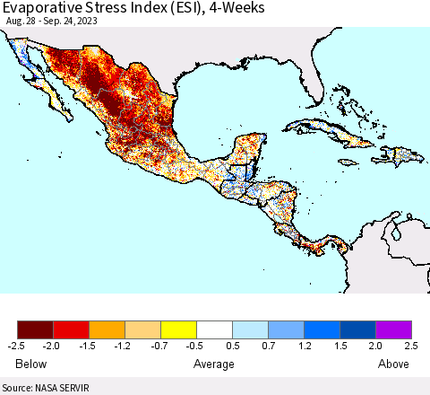 Mexico Central America and the Caribbean Evaporative Stress Index (ESI), 4-Weeks Thematic Map For 9/18/2023 - 9/24/2023