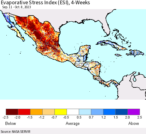 Mexico Central America and the Caribbean Evaporative Stress Index (ESI), 4-Weeks Thematic Map For 10/2/2023 - 10/8/2023