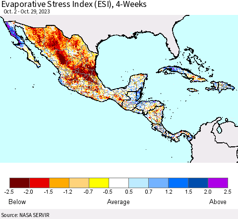 Mexico Central America and the Caribbean Evaporative Stress Index (ESI), 4-Weeks Thematic Map For 10/23/2023 - 10/29/2023