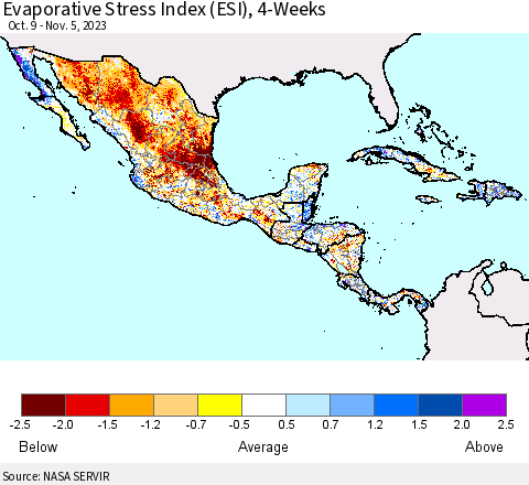 Mexico Central America and the Caribbean Evaporative Stress Index (ESI), 4-Weeks Thematic Map For 10/30/2023 - 11/5/2023