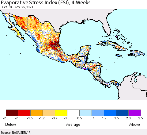 Mexico Central America and the Caribbean Evaporative Stress Index (ESI), 4-Weeks Thematic Map For 11/20/2023 - 11/26/2023