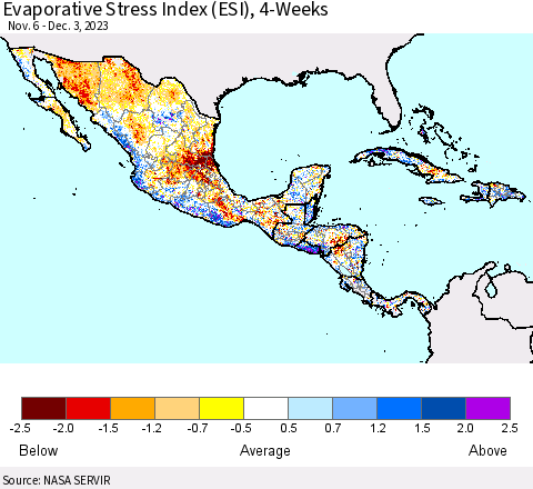 Mexico Central America and the Caribbean Evaporative Stress Index (ESI), 4-Weeks Thematic Map For 11/27/2023 - 12/3/2023