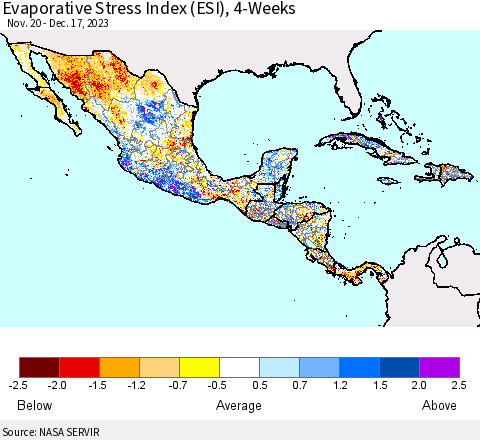 Mexico Central America and the Caribbean Evaporative Stress Index (ESI), 4-Weeks Thematic Map For 12/11/2023 - 12/17/2023