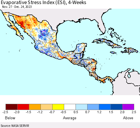 Mexico Central America and the Caribbean Evaporative Stress Index (ESI), 4-Weeks Thematic Map For 12/18/2023 - 12/24/2023