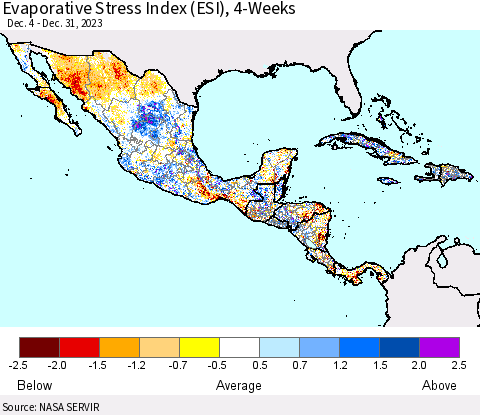 Mexico Central America and the Caribbean Evaporative Stress Index (ESI), 4-Weeks Thematic Map For 1/1/2024 - 1/7/2024