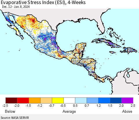 Mexico Central America and the Caribbean Evaporative Stress Index (ESI), 4-Weeks Thematic Map For 1/8/2024 - 1/14/2024