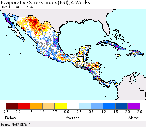 Mexico Central America and the Caribbean Evaporative Stress Index (ESI), 4-Weeks Thematic Map For 1/15/2024 - 1/21/2024
