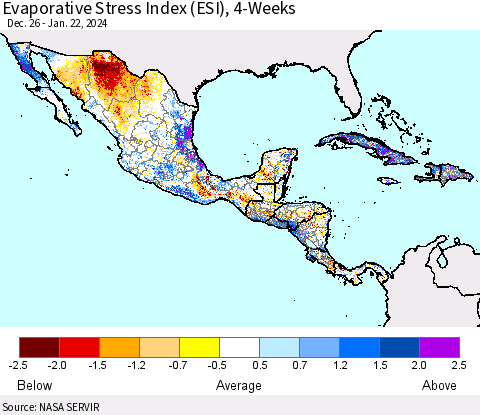 Mexico Central America and the Caribbean Evaporative Stress Index (ESI), 4-Weeks Thematic Map For 1/22/2024 - 1/28/2024