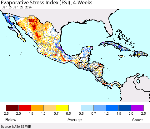 Mexico Central America and the Caribbean Evaporative Stress Index (ESI), 4-Weeks Thematic Map For 1/29/2024 - 2/4/2024