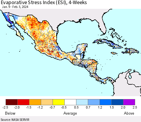 Mexico Central America and the Caribbean Evaporative Stress Index (ESI), 4-Weeks Thematic Map For 2/5/2024 - 2/11/2024