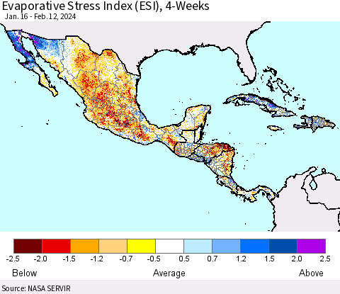 Mexico Central America and the Caribbean Evaporative Stress Index (ESI), 4-Weeks Thematic Map For 2/12/2024 - 2/18/2024
