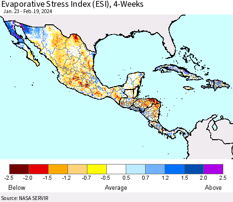 Mexico Central America and the Caribbean Evaporative Stress Index (ESI), 4-Weeks Thematic Map For 2/19/2024 - 2/25/2024