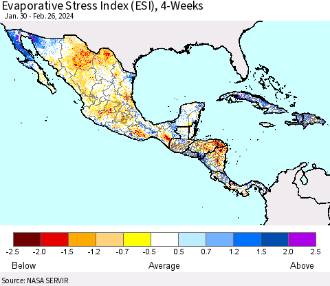 Mexico Central America and the Caribbean Evaporative Stress Index (ESI), 4-Weeks Thematic Map For 2/26/2024 - 3/3/2024