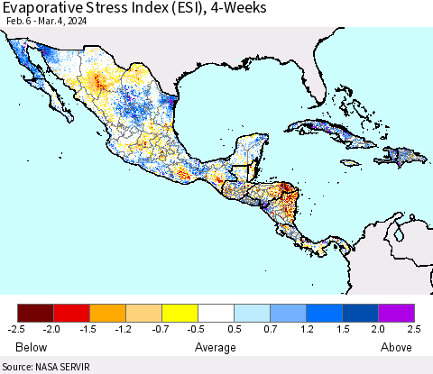 Mexico Central America and the Caribbean Evaporative Stress Index (ESI), 4-Weeks Thematic Map For 3/4/2024 - 3/10/2024