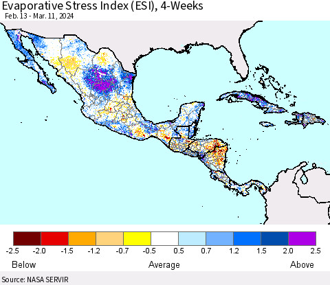 Mexico Central America and the Caribbean Evaporative Stress Index (ESI), 4-Weeks Thematic Map For 3/11/2024 - 3/17/2024