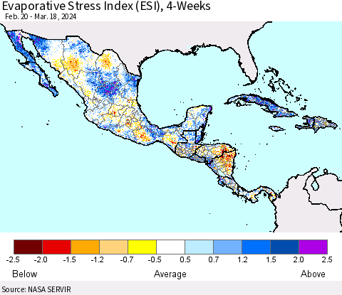 Mexico Central America and the Caribbean Evaporative Stress Index (ESI), 4-Weeks Thematic Map For 3/18/2024 - 3/24/2024