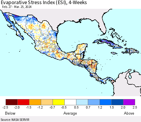 Mexico Central America and the Caribbean Evaporative Stress Index (ESI), 4-Weeks Thematic Map For 3/25/2024 - 3/31/2024