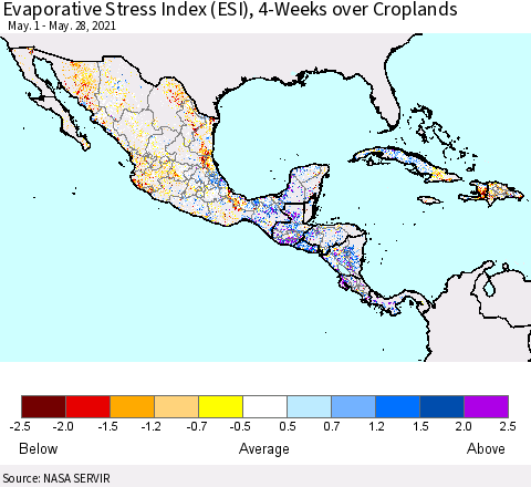 Mexico Central America and the Caribbean Evaporative Stress Index (ESI), 4-Weeks over Croplands Thematic Map For 5/24/2021 - 5/30/2021