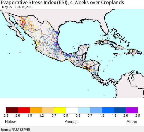 Mexico Central America and the Caribbean Evaporative Stress Index (ESI), 4-Weeks over Croplands Thematic Map For 6/14/2021 - 6/20/2021