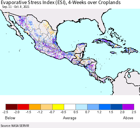 Mexico Central America and the Caribbean Evaporative Stress Index (ESI), 4-Weeks over Croplands Thematic Map For 10/4/2021 - 10/10/2021