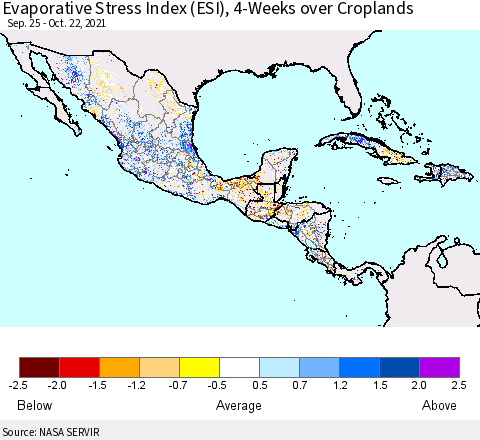 Mexico Central America and the Caribbean Evaporative Stress Index (ESI), 4-Weeks over Croplands Thematic Map For 10/18/2021 - 10/24/2021