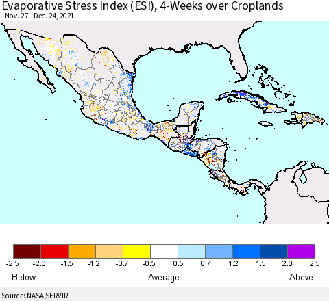 Mexico Central America and the Caribbean Evaporative Stress Index (ESI), 4-Weeks over Croplands Thematic Map For 12/20/2021 - 12/26/2021