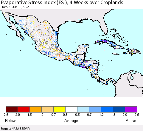 Mexico Central America and the Caribbean Evaporative Stress Index (ESI), 4-Weeks over Croplands Thematic Map For 12/27/2021 - 1/2/2022