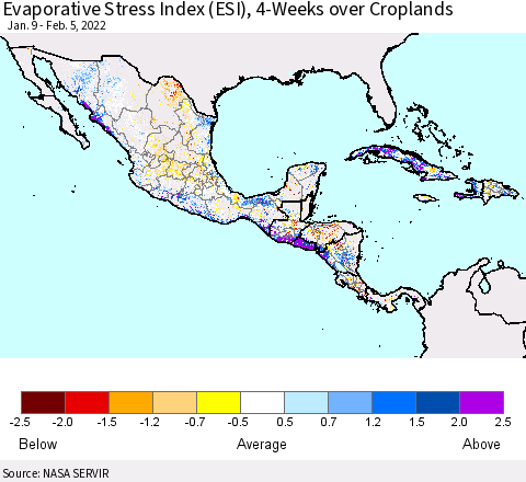 Mexico Central America and the Caribbean Evaporative Stress Index (ESI), 4-Weeks over Croplands Thematic Map For 1/31/2022 - 2/6/2022