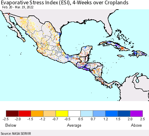 Mexico Central America and the Caribbean Evaporative Stress Index (ESI), 4-Weeks over Croplands Thematic Map For 3/14/2022 - 3/20/2022