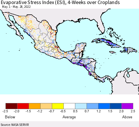 Mexico Central America and the Caribbean Evaporative Stress Index (ESI), 4-Weeks over Croplands Thematic Map For 5/23/2022 - 5/29/2022