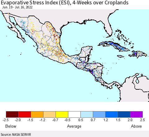 Mexico Central America and the Caribbean Evaporative Stress Index (ESI), 4-Weeks over Croplands Thematic Map For 7/11/2022 - 7/17/2022