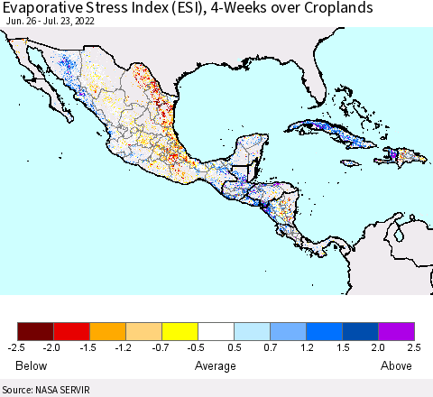 Mexico Central America and the Caribbean Evaporative Stress Index (ESI), 4-Weeks over Croplands Thematic Map For 7/18/2022 - 7/24/2022