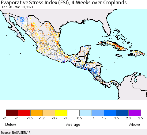 Mexico Central America and the Caribbean Evaporative Stress Index (ESI), 4-Weeks over Croplands Thematic Map For 3/13/2023 - 3/19/2023